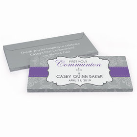 Deluxe Personalized First Communion Fluer Di Lis Cross Chocolate Bar in Gift Box