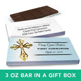 Deluxe Personalized Boy First Communion Gold Cross Chocolate Bar in Gift Box (3oz Bar)