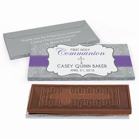 Deluxe Personalized First Communion Fluer de Lis Cross Embossed Chocolate Bar in Gift Box
