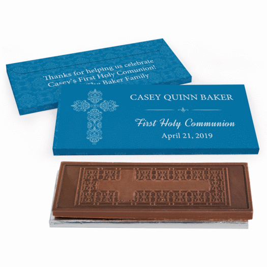 Deluxe Personalized First Communion Elegant Cross Embossed Chocolate Bar in Gift Box
