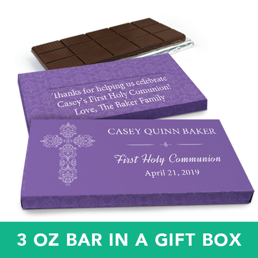Deluxe Personalized Boy First Communion Elegant Cross Chocolate Bar in Gift Box (3oz Bar)