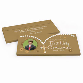 Deluxe Personalized First Communion Rosary Photo Chocolate Bar in Gift Box