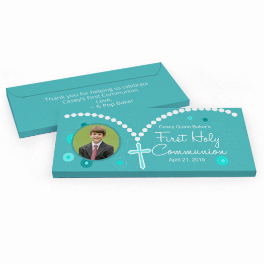 Deluxe Personalized First Communion Rosary Photo Chocolate Bar in Gift Box