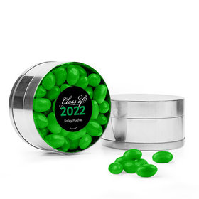 Personalized Green Graduation Script Small Gold Plastic Tin with Just Candy Green Jelly Beans