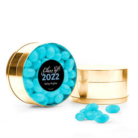 Personalized Baby Blue Graduation Script Small Gold Plastic Tin with Just Candy Blue Jelly Beans
