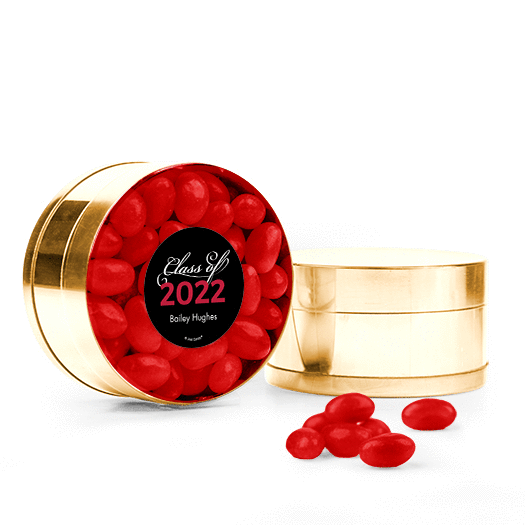 Personalized Red Graduation Script Small Gold Plastic Tin with Just Candy Red Jelly Beans