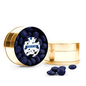 Blue Graduation Hats off Small Gold Plastic Tin with Just Candy Blue Minis