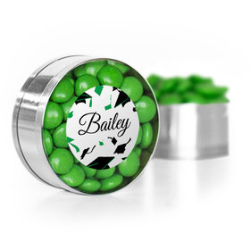 Personalized Green Graduation Hats off Small Gold Plastic Tin with Just Candy Green Minis