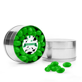 Green Graduation Hats off Small Gold Plastic Tin with Just Candy Green Jelly Beans