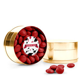 Red Graduation Hats off Small Gold Plastic Tin with Just Candy Red Minis