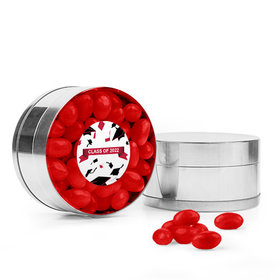 Red Graduation Hats off Small Gold Plastic Tin with Just Candy Red Jelly Beans
