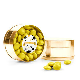 Yellow Graduation Hats off Small Gold Plastic Tin with Just Candy Yellow Minis