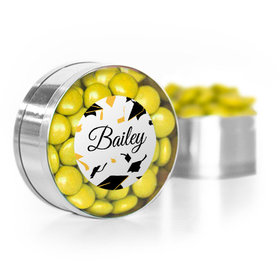 Personalized Yellow Graduation Hats off Small Gold Plastic Tin with Just Candy Yellow Minis