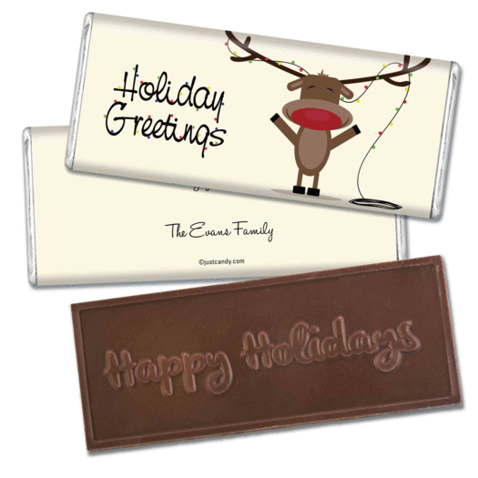 Happy Holidays Personalized Embossed Chocolate Bar Reindeer Holiday Greetings