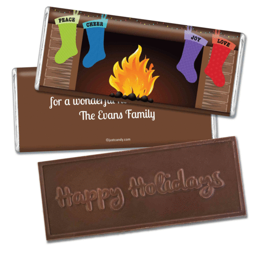 Christmas Personalized Embossed Chocolate Bar Stockings Hung by Fireplace