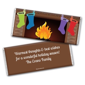 Christmas Personalized Chocolate Bar Wrappers Stockings Hung by Fireplace