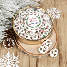 Personalized Happy Holidays Winter Greenery Add Your Logo Large Plastic Tin Holiday Yogurt Pretzels (approx 40pcs)
