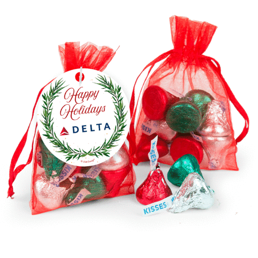 Personalized Happy Holidays Snowflakes Add Your Logo Hershey's Kisses in Organza Bags with Gift Tag
