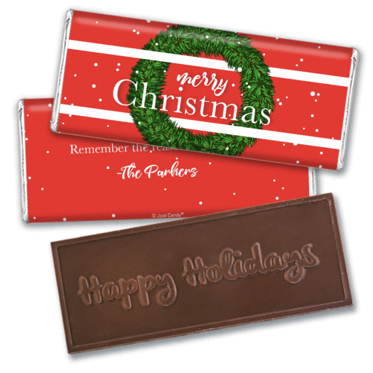 Personalized Christmas Snowy Wreath Embossed Chocolate Bar