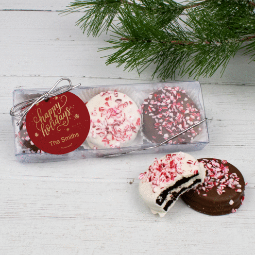 Personalized Christmas Peppermint Chocolate Covered Oreos in Box with Gift Tag - Happy Holidays