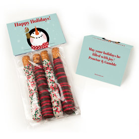 Personalized Happy Holidays Snowman Belgian Chocolate Covered Pretzel Sticks (4pcs)