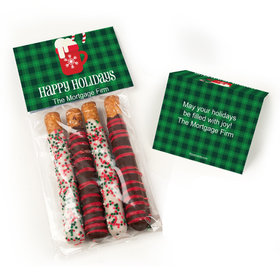 Personalized Happy Holidays Plaid Belgian Chocolate Covered Pretzel Sticks (4pcs)
