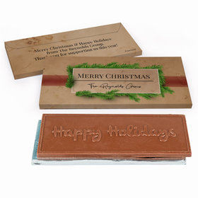 Deluxe Personalized Christmas Brown Paper Packages Embossed Happy Holidays Chocolate Bar in Gift Box