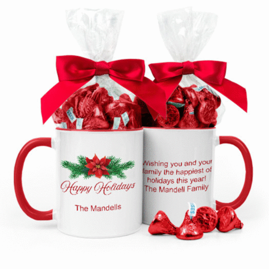 Personalized Happy Holidays Poinsettia 11oz Mug with Hershey's Kisses