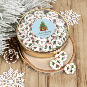 Personalized Happy Holidays Season's Greetings Large Plastic Tin Holiday Yogurt Pretzels (approx 40pcs)