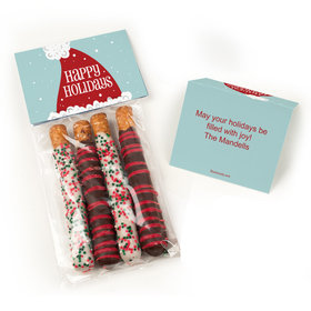 Personalized Happy Holidays Santa Belgian Chocolate Covered Pretzel Sticks (4pcs)