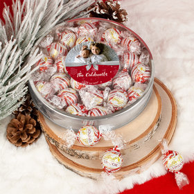 Personalized Christmas Welcoming Joy Large Plastic Tin Lindor Peppermint Truffles by Lindt (24pcs)