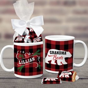 Personalized Plaid Grandma Bear 11oz Coffee Mug with approx. 24 Wrapped Hershey's Miniatures
