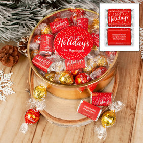 Personalized Happy Holidays Extra-Large Plastic Tin with Approx 1lb Personalized Hershey's Miniatures and Lindor Truffles by Lindt