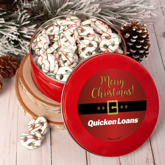 Personalized Christmas Santa Buckle Add Your Logo Tin with Holiday Yogurt Pretzels (1lb approx 80 pcs)