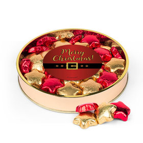 Christmas Santa Buckle Large Plastic Tin with Gold & Red Milk Chocolate Foiled Stars