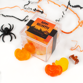 Personalized Halloween Jack O'Lanterns JUST CANDY® favor cube with Gummy Pumpkins