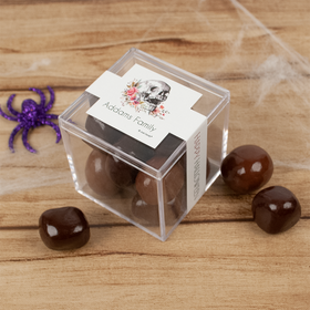 Personalized Halloween Floral Skull JUST CANDY® favor cube with Premium Milk & Dark Chocolate Sea Salt Caramels