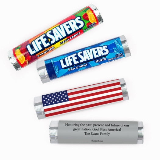 Personalized Independence Day Patriotic American Flag Lifesavers Rolls (20 Rolls)