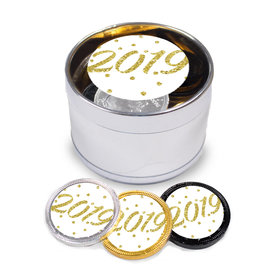 New Year's Eve Dots Milk Chocolate Coins in Medium Silver Plastic Tin (24 Coins w/ stickers)