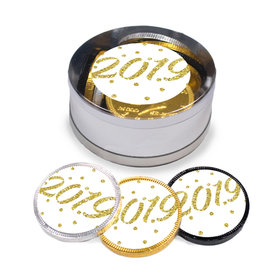 New Year's Eve Dots Milk Chocolate Coins in Small Silver Plastic Tin (12 Coins w/ stickers)