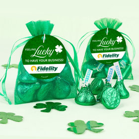 Personalized St. Patrick's Day Feeling Lucky Add Your Logo Hershey's Kisses in Organza Bags with Gift Tag