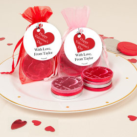 Personalized Valentine's Day Hanging Heart Chocolate Coins in XS Organza Bags with Gift Tag