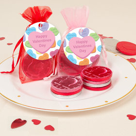 Personalized Valentine's Day Conversation Hearts Chocolate Coins in XS Organza Bags with Gift Tag