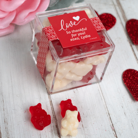 Personalized Valentine's Day JUST CANDY® favor cube with Gummy Bears