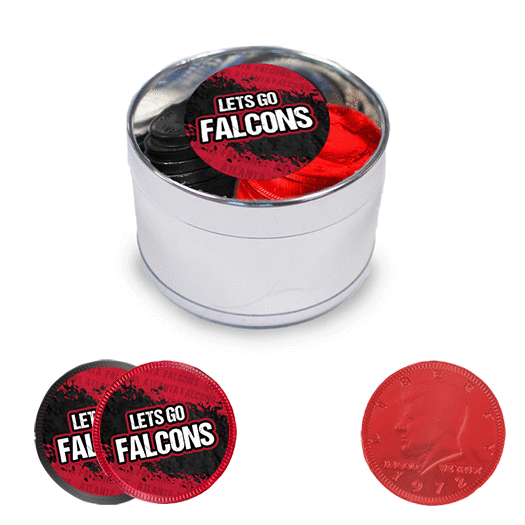 Let's Go Falcons Milk Chocolate Coins in Medium Silver Plastic Tin (24 Coins with Stickers)