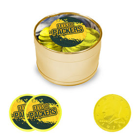 Let's Go Packers Milk Chocolate Coins in Medium Gold Plastic Tin (24 Coins with Stickers)