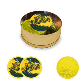 Let's Go Packers Milk Chocolate Coins in Small Gold Plastic Tin (12 Coins w/ stickers)
