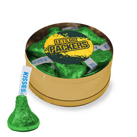 Let's Go Packers Small Gold Plastic Tin - 12 Green Hershey's Kisses