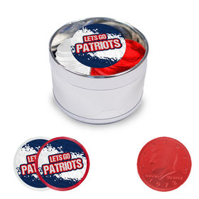 Let's Go Patriots Milk Chocolate Coins in Medium Silver Plastic Tin (24 Coins with Stickers)
