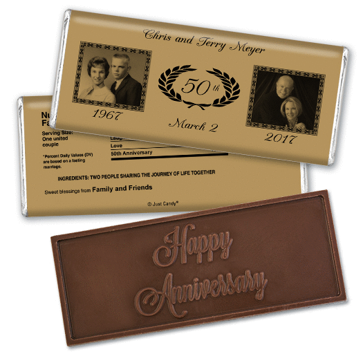 Anniversary Personalized Embossed Chocolate Bar Then and Now Photos Golden 50th